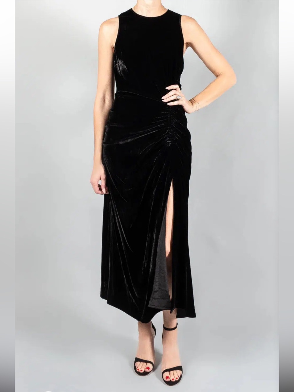 Ulla Johnson Cornelia Midi Dress Noir Black Velvet Side Gathering Ruching Size 8